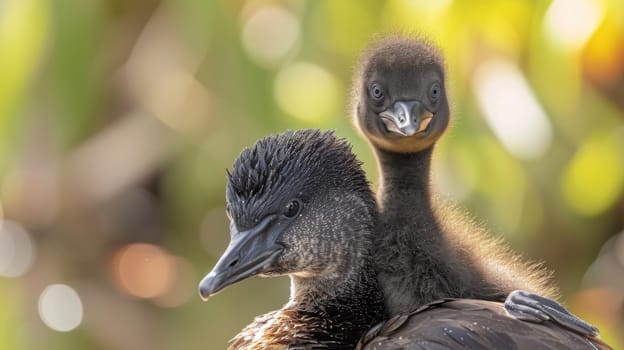 A close up of a bird with its head on the back of another