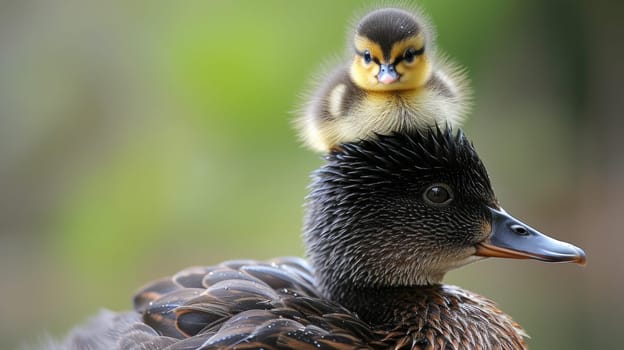 A close up of a duck with two chicks on its head