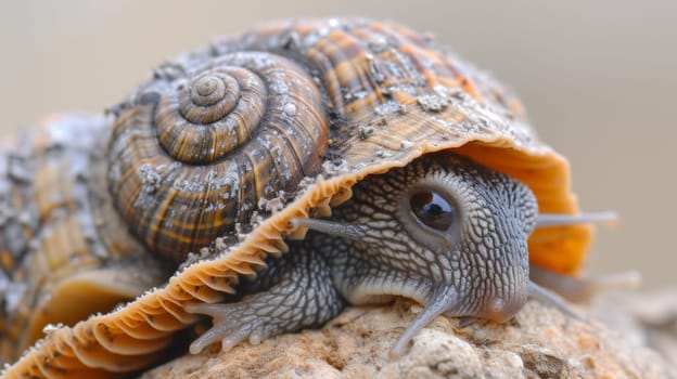 A close up of a snail crawling on top of some rocks