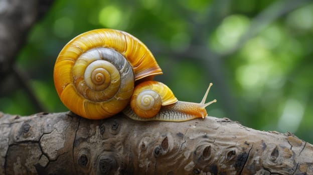 Two snails are sitting on a tree branch together