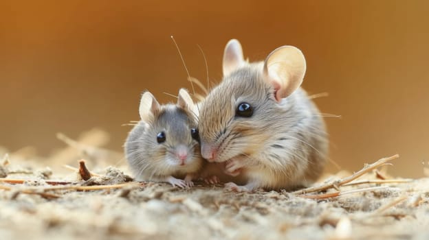 Two mice are sitting together on the ground in a field