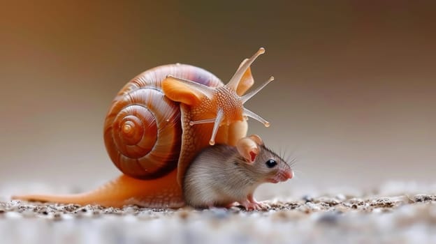 A mouse is riding on the back of a snail