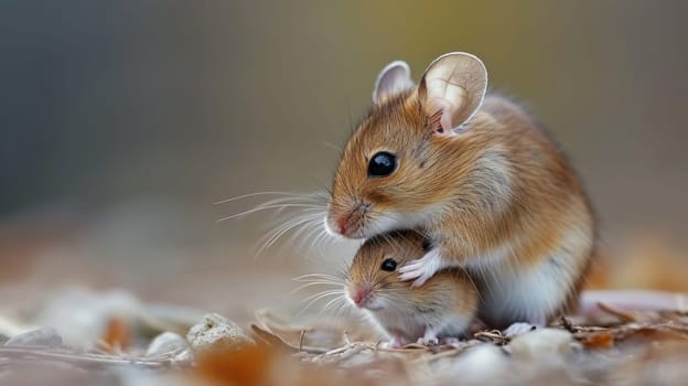 A mother mouse is holding her baby in a nest of leaves
