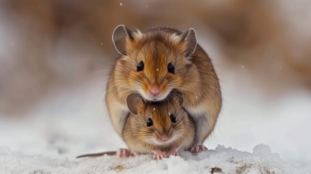 A mother mouse is holding her baby in the snow