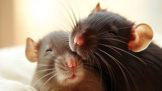 Two rats are cuddling together on a white blanket