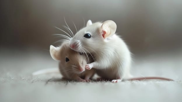 Two small mice are hugging each other on a gray background