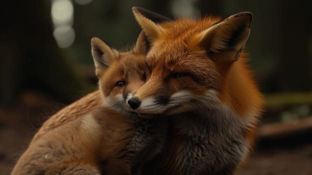 A fox and cub cuddling in the woods near a tree