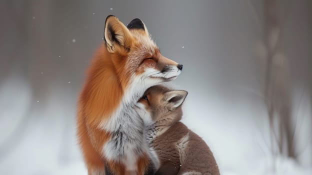 A fox and a baby are cuddling in the snow