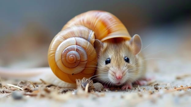 A mouse with a snail shell on its back
