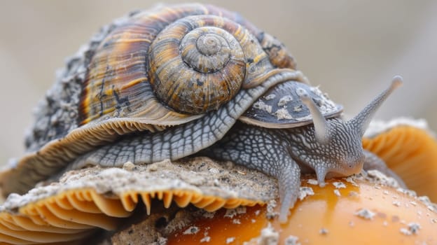 A snail is sitting on top of an orange fruit