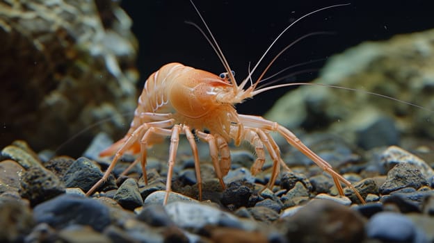 A shrimp is standing on a rock in an aquarium