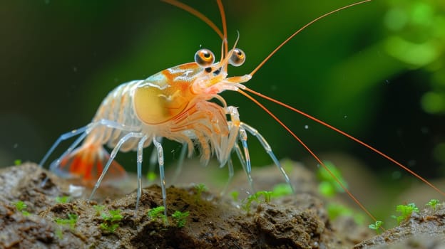 A shrimp with orange and white stripes on its body