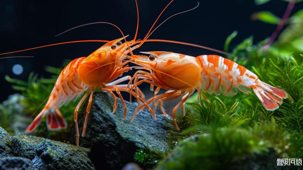 Two shrimp are fighting over a rock in the water