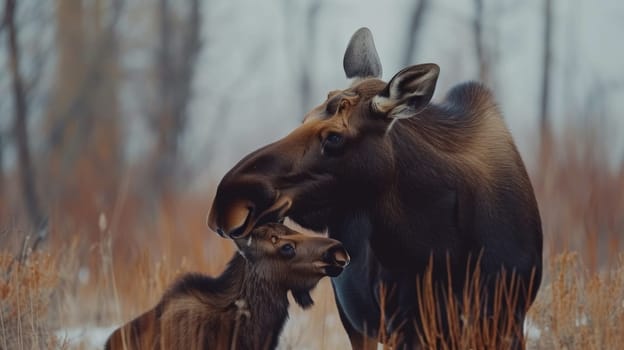A mother moose and her calf in a field of tall grass