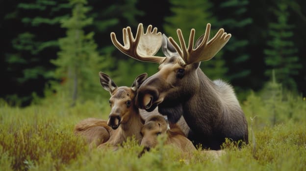 A mother and two young moose resting in a field of grass