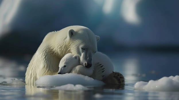 A polar bear and cub in the water on an iceberg