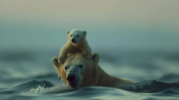 A polar bear with a baby on its back swimming in the ocean