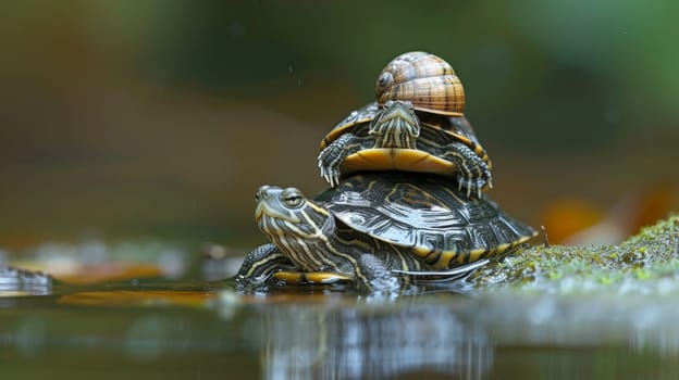Two turtles are sitting on top of each other in the water