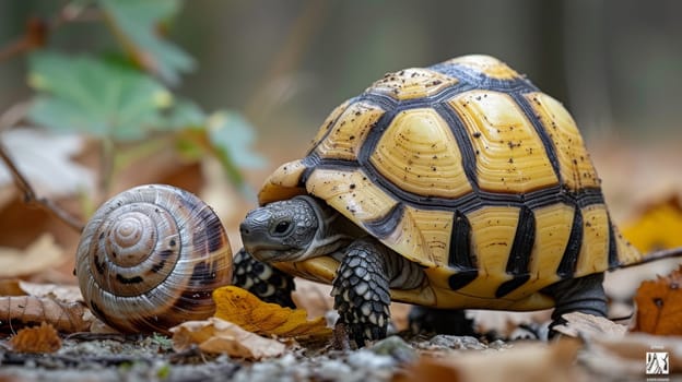 A turtle and snail in the leaves of a forest
