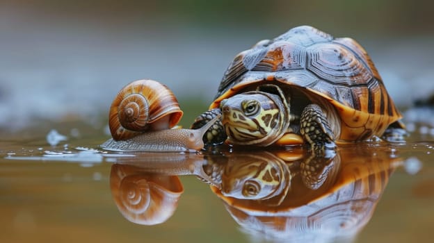 A turtle and snail in a puddle of water