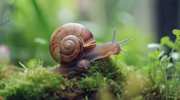 A snail is sitting on top of a moss covered plant