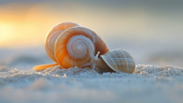 Two snails are sitting on top of a sandy beach