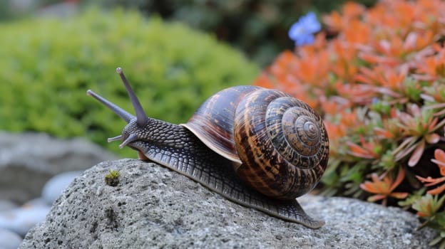 A snail is sitting on a rock in front of flowers