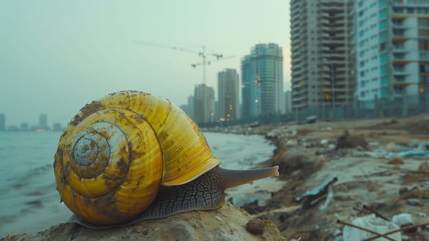 A snail on a rock near the ocean with buildings in background