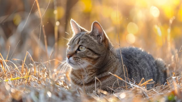 A cat sitting in the middle of a field with grass