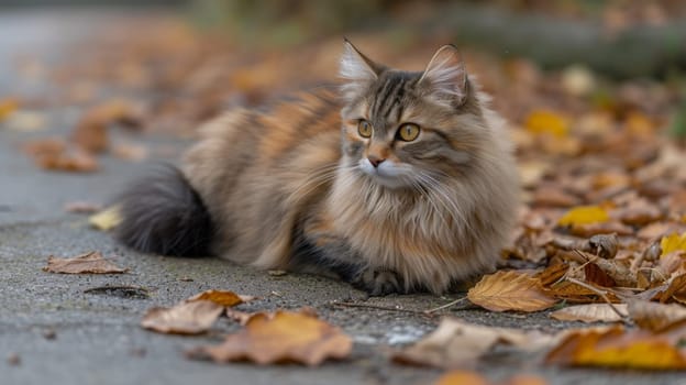 A cat sitting on the ground with leaves around it