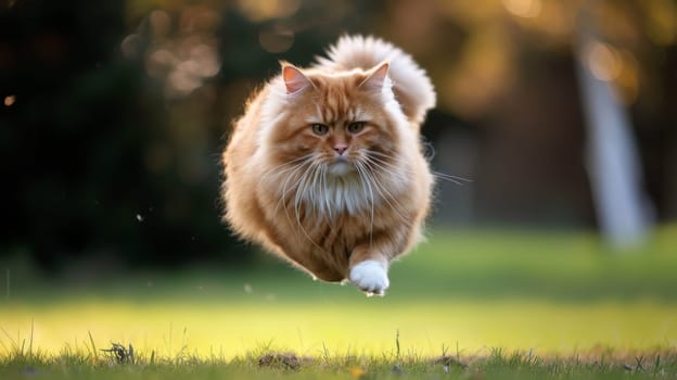 A cat running across a grassy field with its paws in the air