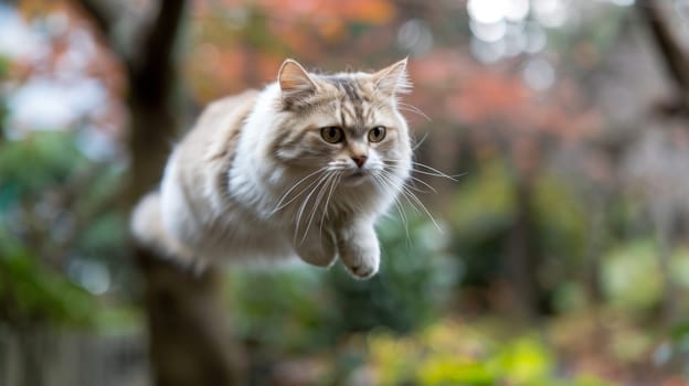 A cat flying through the air in front of a tree