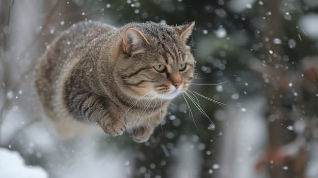 A cat flying through the air in a snow storm