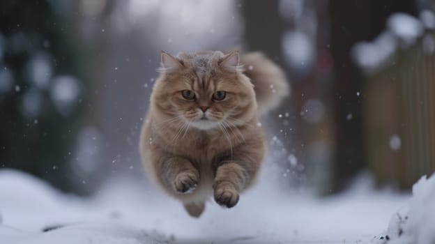 A cat running through the snow in a park like setting