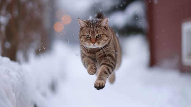 A cat running through the snow in front of a house