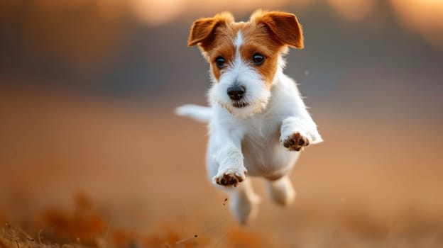 A small dog running through the air in a field