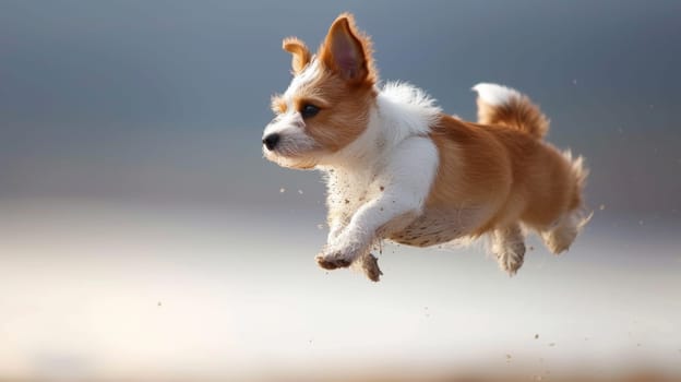 A small dog running through the air with a big smile on its face