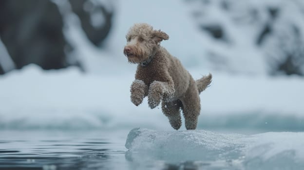 A dog jumping over a small body of water in the snow