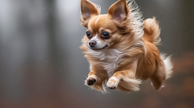 A small dog is flying through the air in a blurry photo