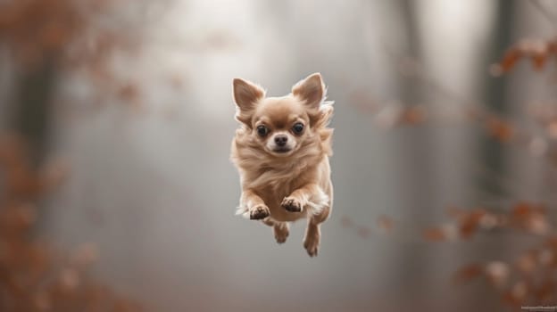 A small dog is flying through the air in a blurry photo