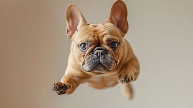 A small dog is jumping in the air with its paws up