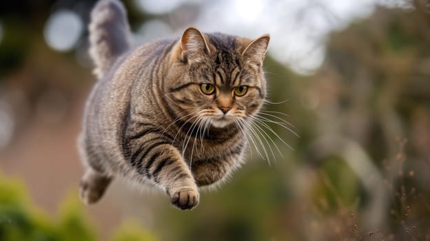 A cat running through the air with its eyes open