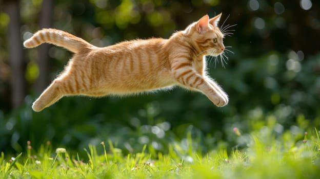 A cat is flying through the air in a grassy field
