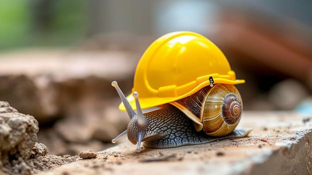 A snail wearing a yellow hard hat on top of some bricks