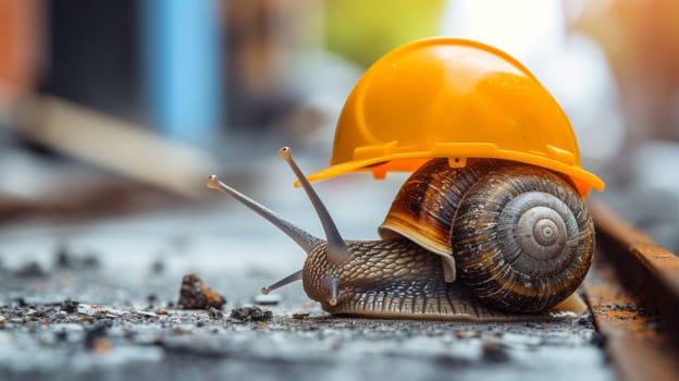 A snail with a hard hat on its back crawling along the ground