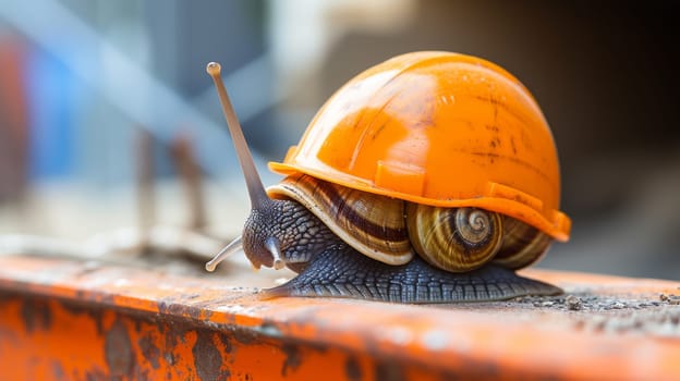 A snail with a hard hat on its shell sitting next to an orange railing
