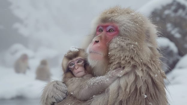 A monkey with a baby in its arms standing next to another
