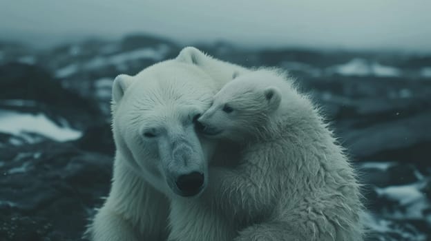 A polar bear hugging a cub in the snow covered mountains