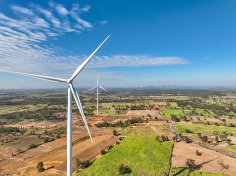 Landscape of wind farm. Wind energy. Wind power. Sustainable, renewable energy. Wind turbines generate electricity. Sustainable development. Green technology for energy sustainability. Green energy.