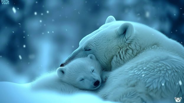 A polar bear and cub cuddling in the snow